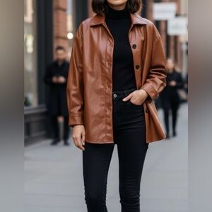 Brown Leather Jacket with Black Buttons